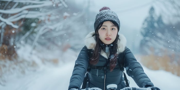 AI generated Japanese Woman Cyclist Riding Bike Through Snow-Covered Landscape photo