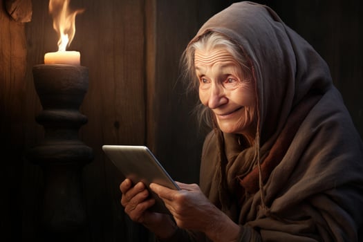 AI generated Old woman with tablet. Generate Ai photo