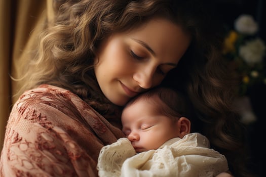 AI generated Mom tenderly hugs her sleeping baby. Concept of family, care. Generated by artificial intelligence photo
