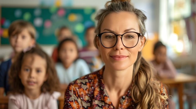 AI generated Portrait of a white female teacher with her students in the background, background image, generative AI photo