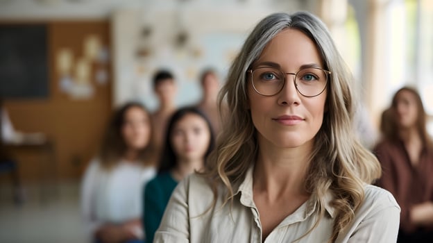 AI generated Portrait of a white female teacher with her students in the background, background image, generative AI photo