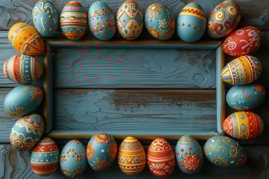 AI generated Colorful wooden easter eggs make up a frame photo