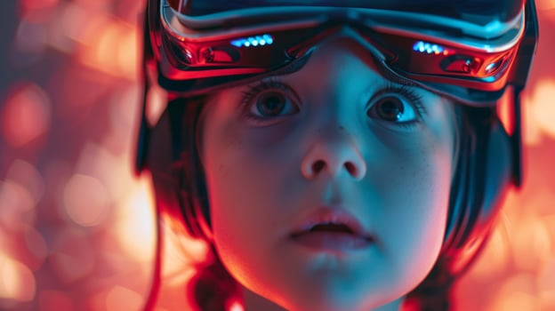 AI generated Close-up of a child with VR headset, their eyes wide with wonder at the virtual adventures photo