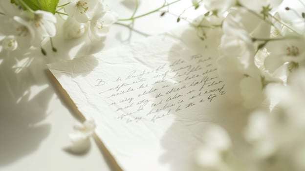 AI generated Close-up of a Handwritten Love Letter Mother's Day Delicate Flowers Against Soft White Emotional Wellness Expressed a Heartfelt Message Celebrating Mother's Day with Love, AI-generated photo