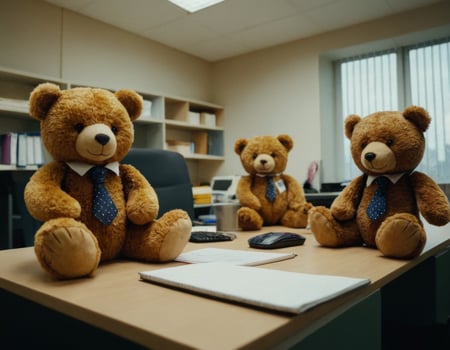 AI generated Image of a toy Bear with sweets in the office. AI generation photo