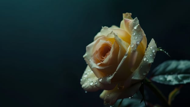 AI generated Rose daisy macro with droplets, dark background, copy space photo