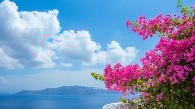 AI generated Beautiful landscape of Santorini with blue sky and pink flowers photo