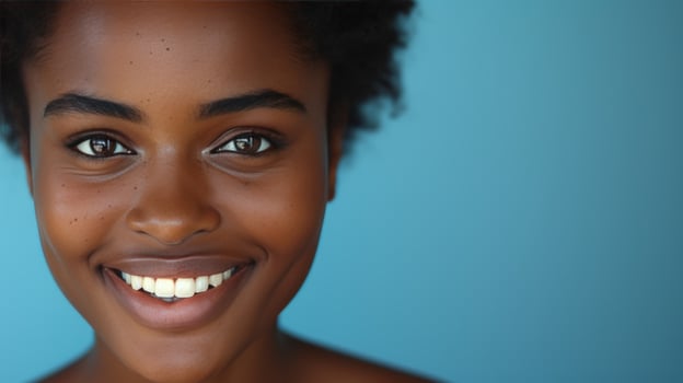 AI generated A candid shot of a joyful smile lighting up a face, radiating happiness and inner contentment photo
