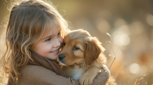 AI generated A child and a puppy, sharing a moment of unconditional love and companionship photo