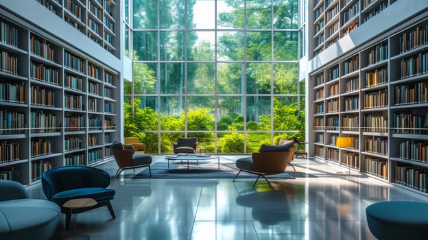 AI generated A modern library featuring sleek shelves and minimalist design photo