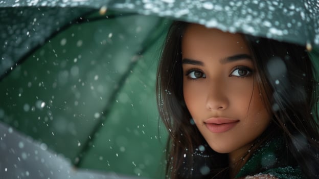 AI generated a beautiful girl stands under a green umbrella in the rain and looks at the camera smiling large copyspace area photo