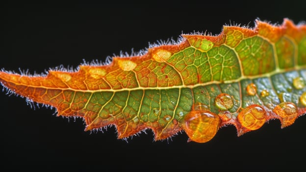 AI generated A macro shot of a leaf's serrated edge, showcasing its delicate structure and capturing the play of light and shadow photo