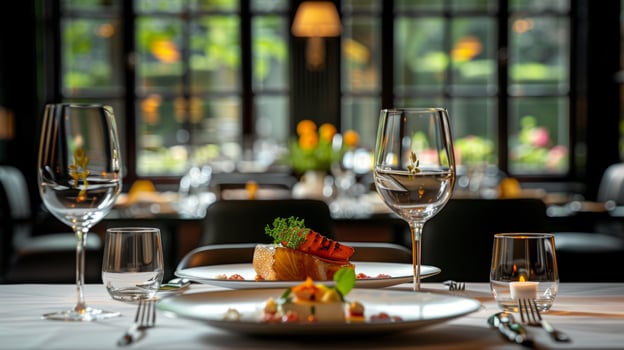 AI generated Indulge in an exquisite fine dining experience. elegant table setting photo