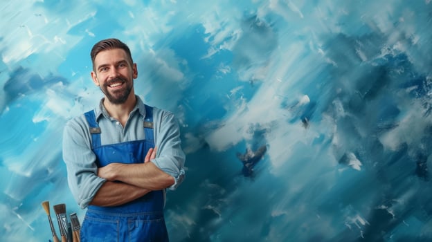 AI generated Smiling Painter with Brush on Blue Background photo