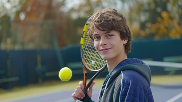 AI generated A young handsome male tennis player holds a tennis racket and a yellow tennis ball in his hands photo