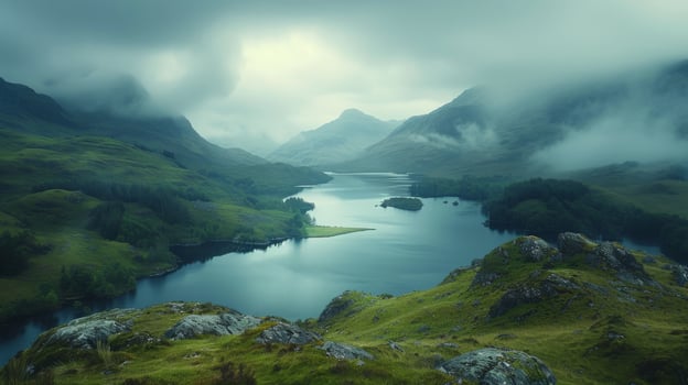 AI generated The rugged beauty of the Scottish Highlands, with mist-shrouded mountains and shimmering lochs stretching photo