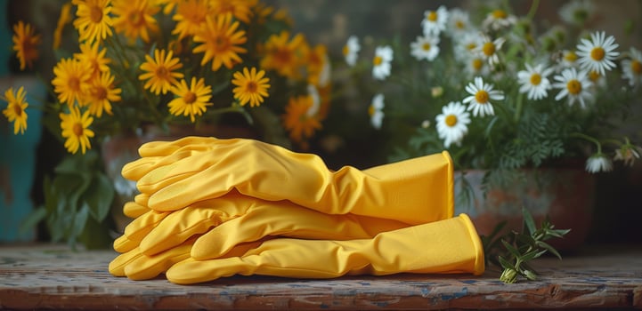 AI generated yellow rubber gloves stacked on top of potted flowers photo