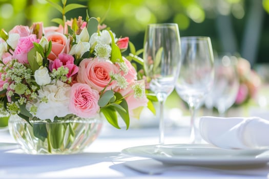 AI generated Table settings with floral arrangement. Special event table set up. Fresh flower decoration. Generative AI photo