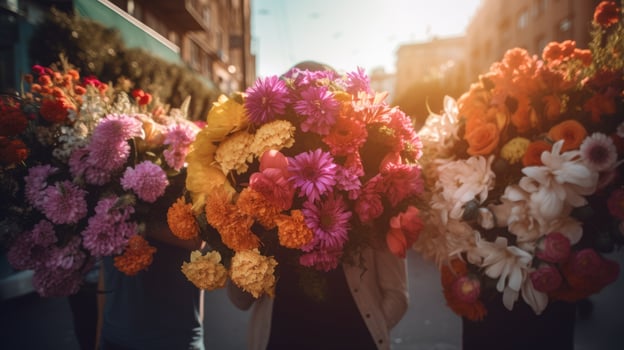 AI generated image. Anonymous people in city street holding large bouquet of fresh flowers photo