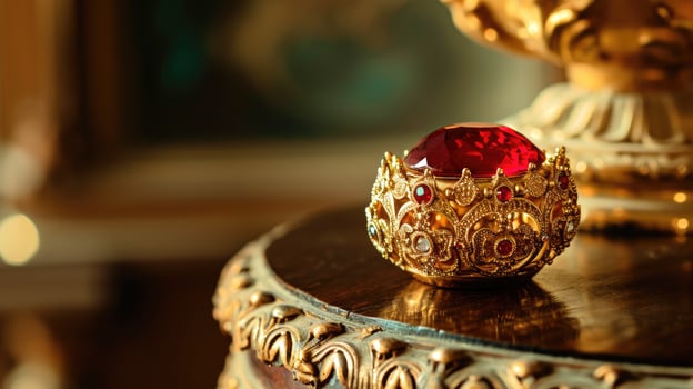 AI generated Intricate gold-red jewel glimmers on table, adding opulent elegance. Ai Generated photo