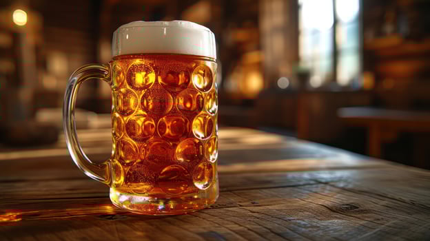 AI generated Beer in a big glass on a wooden table. Oktoberfest festival. photo