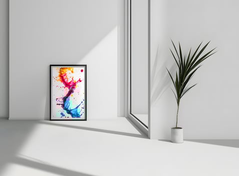 AI generated The room decorated in a minimalist style with picture frames and paintings is breathtaking. photo