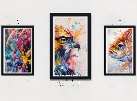 AI generated The room decorated in a minimalist style with picture frames and paintings is breathtaking. photo