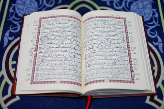 Quran, Al Qur'an, Islamic background for Eid al-Fitr Eid al-Adha. Open page of Al-Quran. Islamic concept photo
