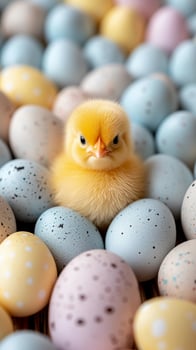 AI generated Yellow chick is surrounded by Easter eggs in soft pastel hues. Banner with copy space. AI Generated photo