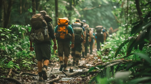 AI generated Group Adventure in Dense Rainforest Trail. A convoy of hikers with large backpacks walking in single file on a muddy rainforest trail, immersed in nature. photo