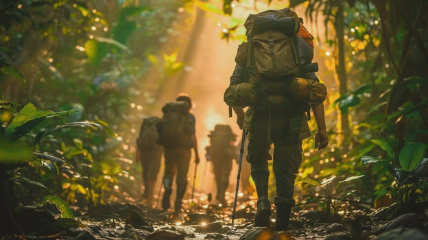 AI generated Sunrise Trek in Lush Jungle Environment. Back view of backpackers walking on a muddy trail in the jungle with the morning sun filtering through dense foliage. photo