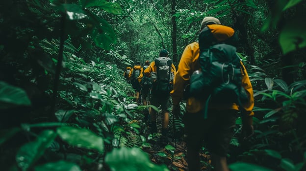 AI generated Hikers Navigating Through Rainforest Path. A line of hikers in yellow raincoats trekking a narrow path in a vibrant, green rainforest. photo