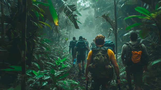 AI generated Group Hiking in Misty Tropical Rainforest. A group of hikers with backpacks trekking through a dense, misty jungle, surrounded by lush green foliage. photo