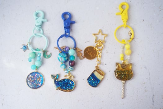 close up of a handmade key chain on a white background photo