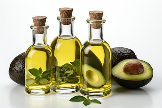AI generated avocado oil extract with isolated kitchen table professional advertising food photography photo