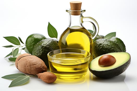 AI generated avocado oil extract with isolated kitchen table professional advertising food photography photo