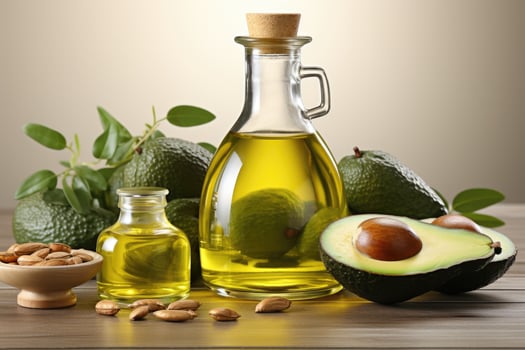 AI generated avocado oil extract with isolated kitchen table professional advertising food photography photo