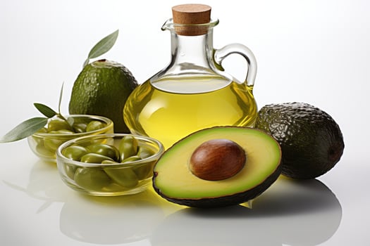 AI generated avocado oil extract with isolated kitchen table professional advertising food photography photo