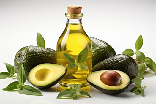 AI generated avocado oil extract with isolated kitchen table professional advertising food photography photo