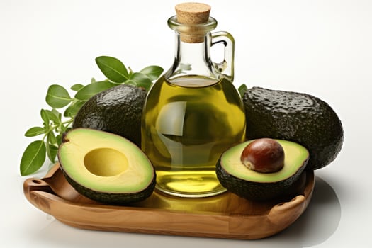 AI generated avocado oil extract with isolated kitchen table professional advertising food photography photo