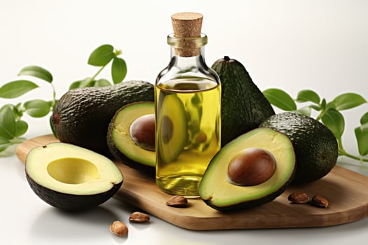 AI generated avocado oil extract with isolated kitchen table professional advertising food photography photo