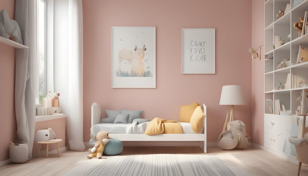 AI generated a pink and yellow children's room with a white bed photo