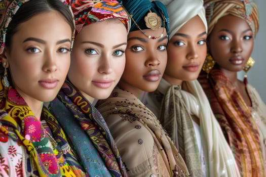 AI generated Diverse Women in Traditional Headwear Close-Up. A striking close-up of diverse women adorned in colorful traditional headwear, showcasing cultural beauty. photo