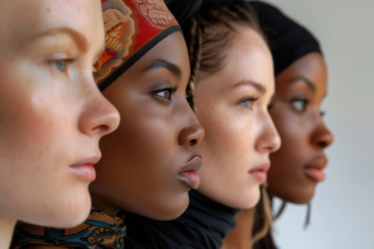 AI generated Diverse Women Profile with Unique Hairstyles. Side profile close-up of diverse women showcasing unique hairstyles and natural beauty against a neutral background. photo