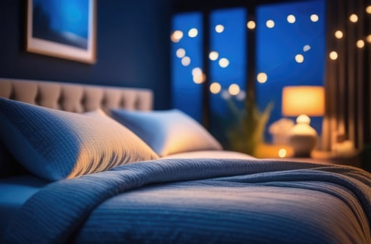 AI generated World Sleep Day, modern bedroom interior, cozy atmosphere, luxury hotel, shiny bedspread on a double bed, white pillows, blue shades, warm night lighting, view from the window photo