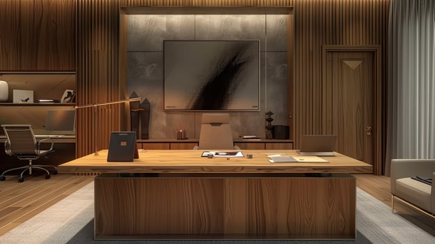 AI generated a sleek wooden home office, where functionality seamlessly intertwines with refined aesthetics, highlighting an expansive desk crafted from polished, natural wood as the centerpiece. photo