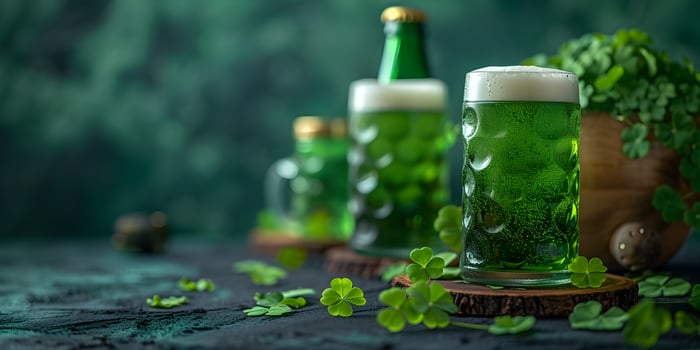 AI generated The Saint Patrick's day green beer, ale glasses with shamrocks on dark green background. St. Patrick's Day banner concept with copy space. photo
