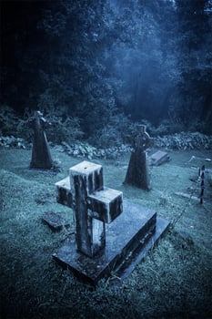 Spooky Halloween graveyard in fog photo