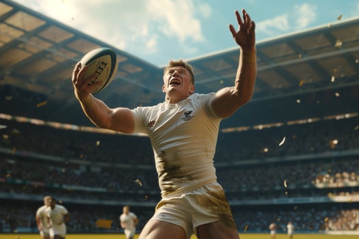 AI generated Rugby Player Catching Ball During Match in Stadium with AI generated. photo