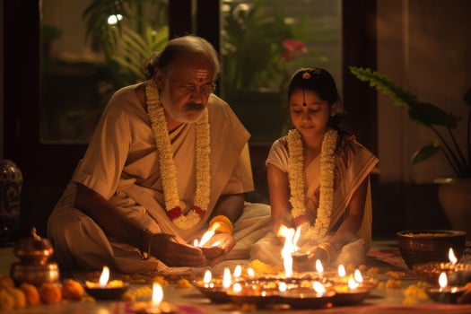 AI generated Family Bonding Over Diwali Traditions at Dusk. An animated illustration of a family dressed in traditional attire, exchanging smiles over Diwali lamps in the twilight. photo